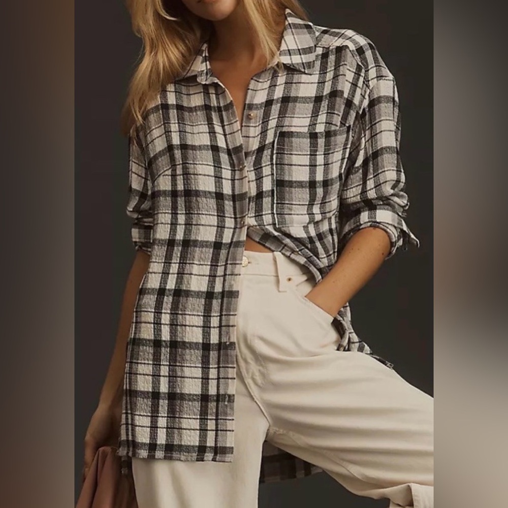 Pilcro Black and White Lightweight Breathable Fall Plaid Button Down Top